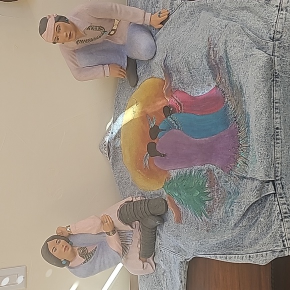 Eunina vtg 80s long jean denim jacket Southwestern artwork Native made in USA - Picture 10 of 14